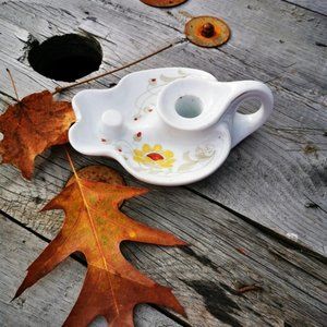 Vintage White Ceramic Hand-painted Chamberstick Candle Holder with Sunflower